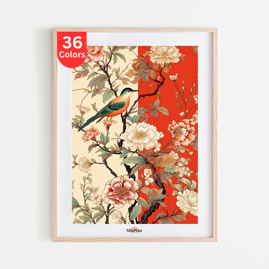 Elegant Floral and Bird Paint by Numbers Kit | Red and Cream Botanical Art | DIY Nature Scene for Adults, Home Décor