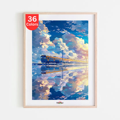Golden Train and Reflective Water Paint by Numbers Kit | Scenic Journey with Cloudy Sky | DIY Art Kit for Adults, Home Décor