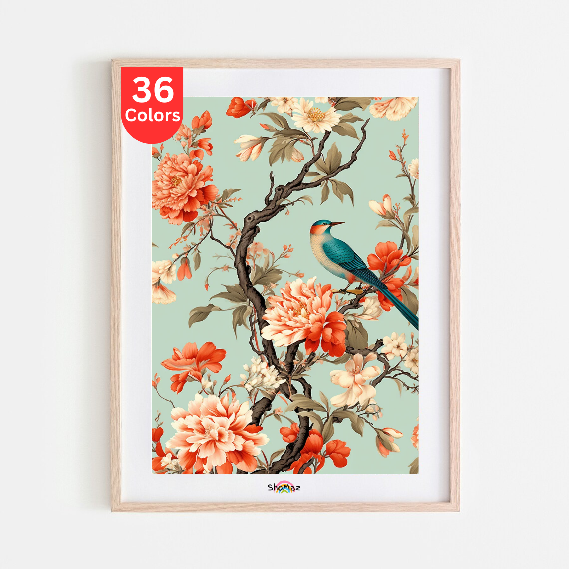 Floral and Bird Scene Paint by Numbers Kit | Light Blue Botanical Art | DIY Nature Landscape for Adults, Home Décor