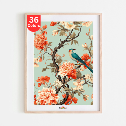 Floral and Bird Scene Paint by Numbers Kit | Light Blue Botanical Art | DIY Nature Landscape for Adults, Home Décor