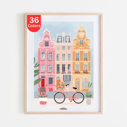 Whimsical Cityscape Paint by Numbers Kit | Colorful Street and Bicycle Art | DIY Urban Landscape Art for Adults, Home Décor