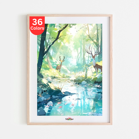 Sunlit Forest Paint by Numbers Kit – Deer by the Stream | DIY Adult Painting Kit