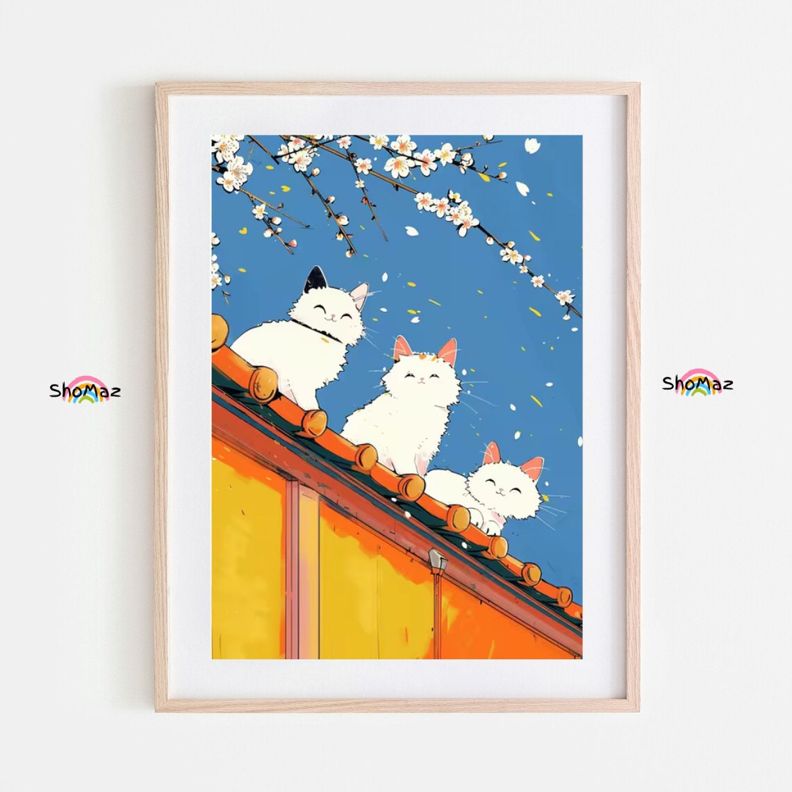 Elegant White Cats Under Blossoms - Paint by Numbers Delight