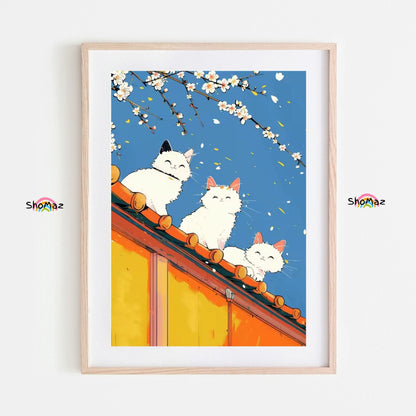 Elegant White Cats Under Blossoms - Paint by Numbers Delight