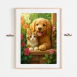 Golden Retriever & Tabby Kitten in Garden Paint