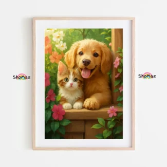 Golden Retriever & Tabby Kitten in Garden Paint