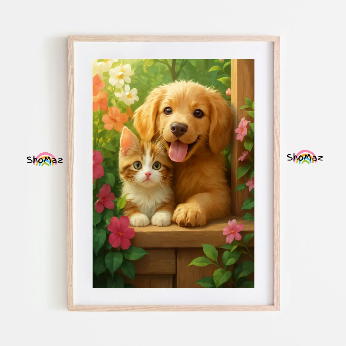 Golden Retriever & Tabby Kitten in Garden Paint