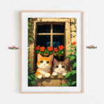Framed artwork of two cats by a window with flowers, Shomaz logo visible.