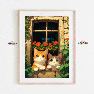 Framed artwork of two cats by a window with flowers, Shomaz logo visible.