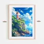 Sunlit Lighthouse and Rocky Shoreline - Paint by Numbers Art